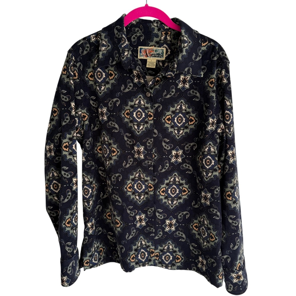 LA CABANA Navy Blue Paisley Medallion Art Deco Long Sleeve Ladies Button Down, L